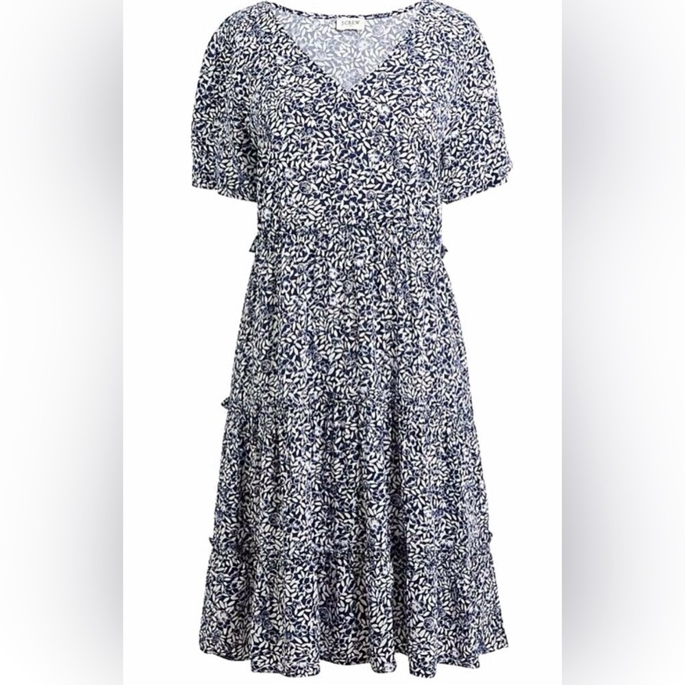 J.Crew V-Neck Ruffle Tiered Floral Summer Mini Dress in Navy White Sz XL